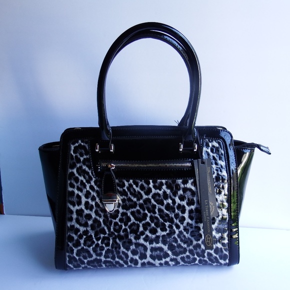 La Terre Handbags - NWT La Terre Black Patent Animal Print Handbag